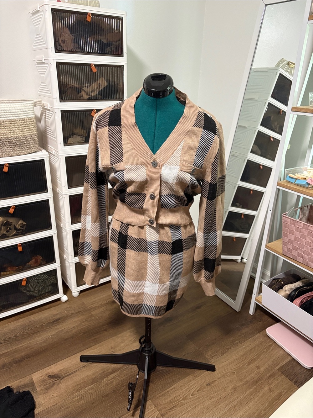 Plaid Button-Front Knit Cardigan and Skirt Set - Tan/Black/White